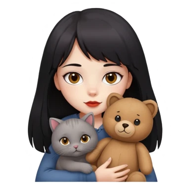 girl,drak eyes, red cheeks, black long hair with a straight bang, white face, holding a British gray cat and a brown teddy bear sticker