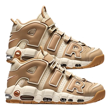 Two beige Nike Air More Uptempo sneakers arranged with one positioned behind the other, simple clean design with minimal details but distinct AIR lettering sticker