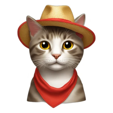 a cat with a red straw hat and a red bandana sticker