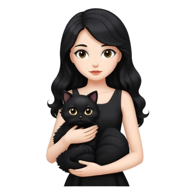 a beautiful girl with long black hair and black furry cat. She is wearing a black dress and has wave-like hair sticker