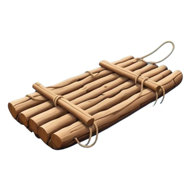 showing a simple wooden raft floating on calm blue water — made of several brown logs tied together with rope — gentle ripples around it — bright, cheerful lighting and soft shadows — minimalist, clean emoji design sticker