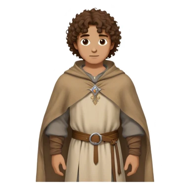 medieval outfit worn by a DnD themed fantasy character. basic linen tunic with a thick wool poncho draped over the shoulders. clothes only above the waist. The clothes full waist. The character's haven't arms. character is curly brown hair brown eyes medium-length hair tan-skinned man. sticker