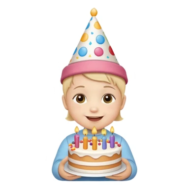 cute baby wearing birthday hat with birthday cake sticker