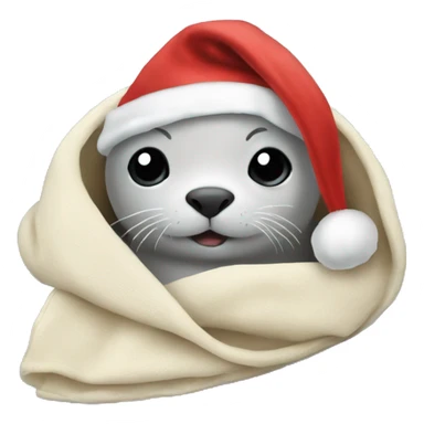 Baby seal in a blanket wearing a Santa hat sticker