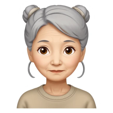 Elderly Chinese woman with gray hair tied in a bun, brown eyes with wise expression lines, beige sweater sticker
