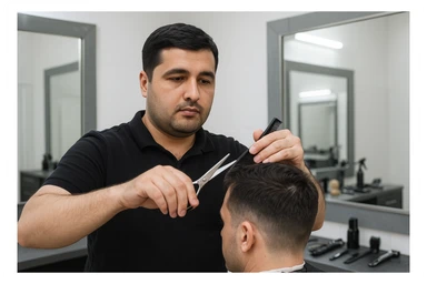 shu odamni sartaroshxonada mijozlarni sochini olayotganin  tasvirlab ber juda yosh ham katta ham bo'lmasin semiz ham bo'lib ketmasin sticker