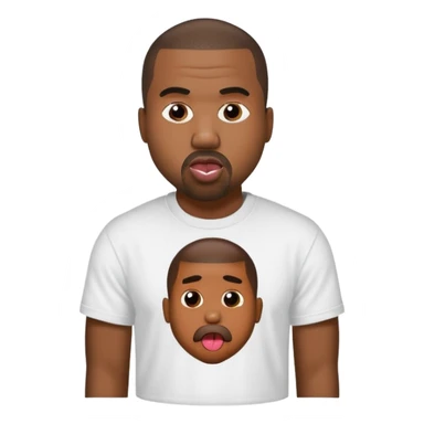 Kanye West with his tongue out, wearing a t-shirt that says 'I love my cousin' sticker