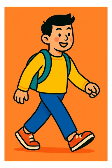 an Asian person walking, modern, friendly illustration style, vibrant cartoon style sticker