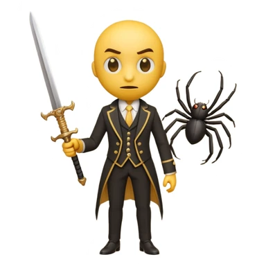 3d yellow emoji character in victorian suit nervously holding a tiny sword, facing a small cartoon spider, exaggerated brave face, retro 3d emoji render, simple white background sticker