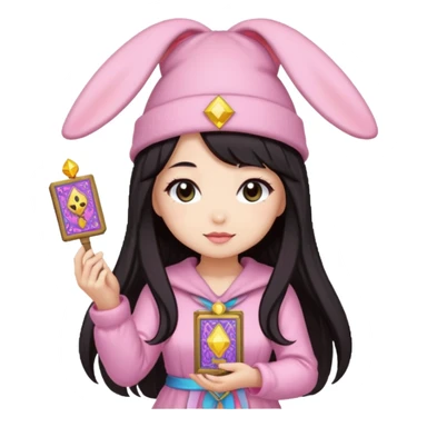 pixel art chibi asian girl with dark long hair in pink bunny hat magical girl with tarot cards thrown in air pixel emoji sticker