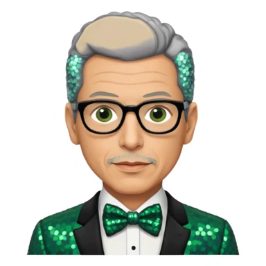 Jeff Goldblum with gray hair, dark green sequin suit with bow tie sticker