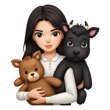 Kendall Jenner with long dark hair holding a brown teddy bear, a black schnauzer and a cow cat in her arms sticker