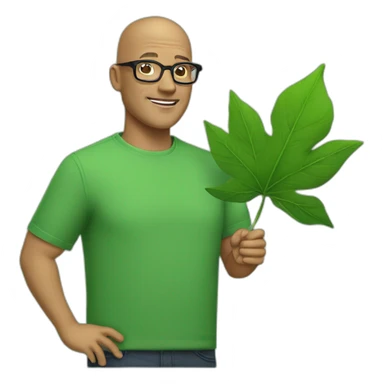 a middle aged bald man in square black glasses wearing a green shirt and holding a green leaf sticker