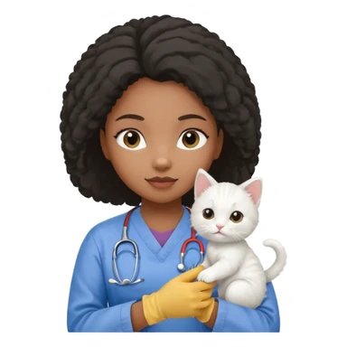Young black female vet – scrubs, gloves, examining kitten. sticker