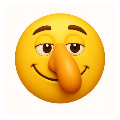Create a yellow smiley face emoji with a large nose and the same facial expression as the reference image. The style should be 3D iOS emoji style, capturing the exact look and feel of the original emoji. Add a subtle highlight to the nose. sticker