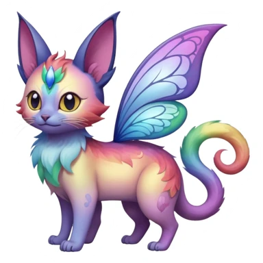 White pastel iridescent rainbow-gradients-color-marked with swirly patterns butterflies  faerie-Noivern-Noibat-Purloin-Torracat-Lykoi-Caracal-cat-Fakemon-fusion-hybrid-creature sticker