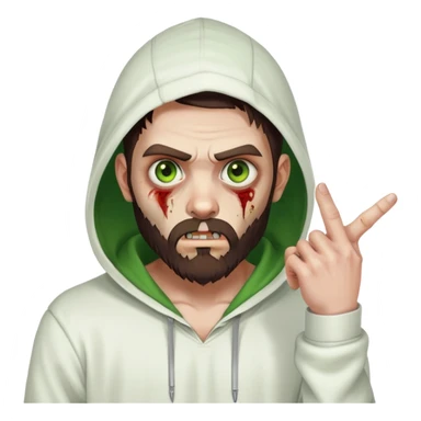 zombie pointing finger, undercut hairstyle with dark brown hair, short full beard, heterochromia with one green eye and one brown eye, wearing plain white hoodie with hood up sticker