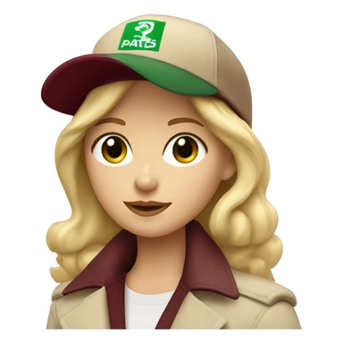 Blonde girl with green eyes in beige trench coat and burgundy baseball cap written Paris on it  sticker