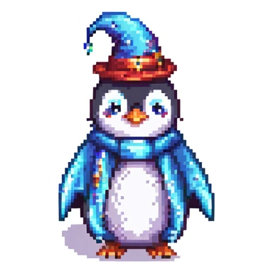 crazy wizard penguin, pixel art style, exaggerated features, wizard robe, sparkles sticker