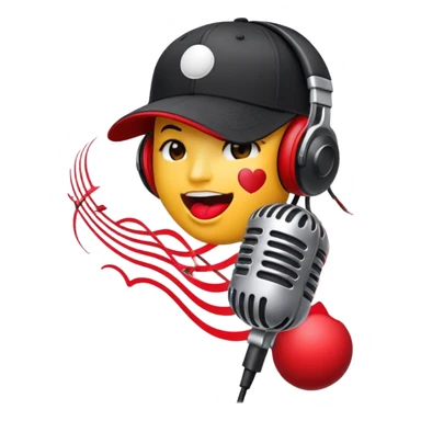 Create a dynamic and energetic emoji that represents beatboxing. The design should feature a stylized microphone with lips and sound waves emanating from it and baseball cap on it, symbolizing vocal percussion and rhythm. Add elements like headphones or a subtle speaker to emphasize the music production aspect. Use bold colors like black, white, and red to convey the intensity and creativity of beatboxing. The background should be transparent. sticker
