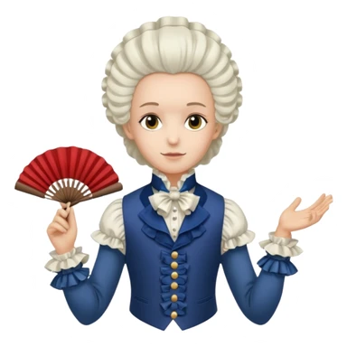 An emoji portrait of a French aristocrat. He wears a powdered wig and a silk waistcoat with a ruffled jabot. His expression is poised and refined, and he holds a fan. sticker