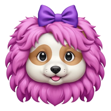 dog with pink long curly hair and purple bow on head sticker