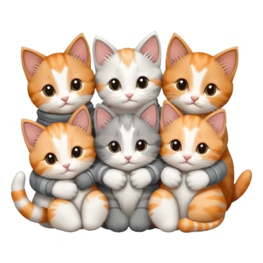 6 tiny kittens cuddling together all various different natural colours including solid grey with white mittens, grey and white, ginger and white, calico, and brown and white sticker