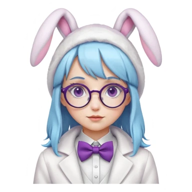Anime, girl, light blue hair, purple eyes, white coat, bowtie, white top hat with bunny ears false, white bunnysuit, round lenses glasses  sticker