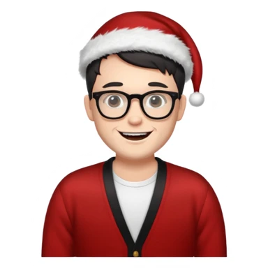 white man wearing glasses, black short hair dressed as sexy hipster Santa in a cardigan, cute smile with teeth sticker