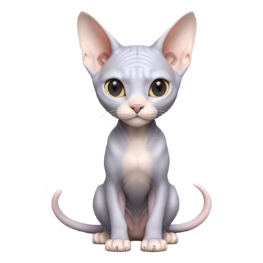 A 3D cartoon silver-gray Sphynx cat with smooth skin, gentle expression, elegant pastel lighting, cinematic Memoji rendering. full body or half body. sticker