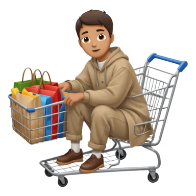 A man in oversized second-hand clothes, sitting beside a shopping cart of items, looking around with soft hopeful eyes.
 sticker