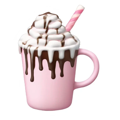 hot chocolate with mug and whip cream and chocolate drizzle and pale pink strawberry and marshmellows sticker