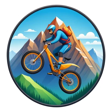 A bold, dynamic emblem combining elements of extreme sports like a mountain, a bike, and a parachute, all within a circular or shield-like shape. The design conveys speed, adventure, and adrenaline, with sharp lines and vibrant colors representing the thrill and intensity of extreme sports. sticker