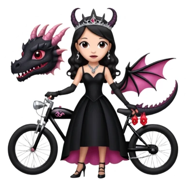  black evening gown with see-through gloves, Jenna Ortega as Addams woman prom queen wearing a mini tiara, very large blood  pink evil-looking horned old dragon bike sticker