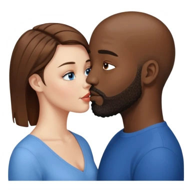 There is a white woman with short brown hair and blue eyes and a black man with no hair and a beard. The woman is giving a kiss to the forehead of the man sticker