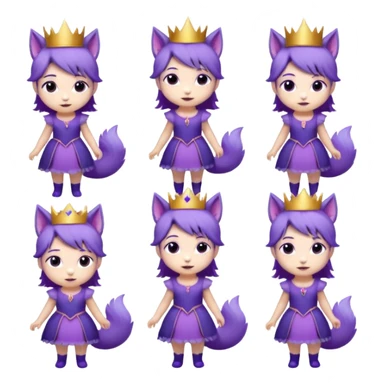 A collection of twelve chibi-style illustrations of a cute princess wearing a purple dress and crown with purple hair and purple wolf ears and purple wolf tail character. Each square shows the character doing something different against a white background And make a gap between each illusion sticker