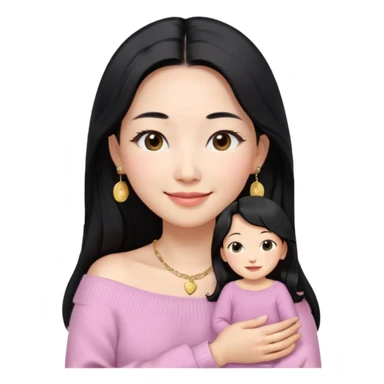 South Korean girl in her mid-thirties with long black hair and a middle part. She is wearing a baby pink, off the shoulder long sleeve knit sweater. She has small gold earrings and a gold necklace. She has brown eyes with narrow, mono lid shape and smiling with lips together sticker