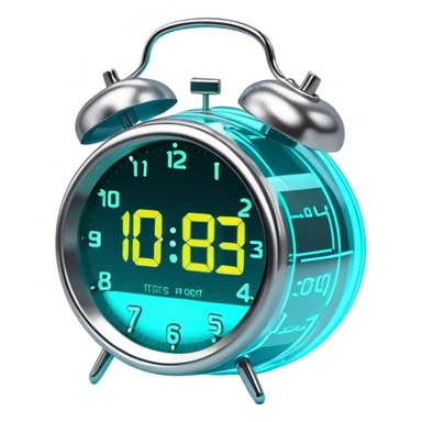 Emoji: A futuristic alarm clock displaying a glowing holographic time. The numbers slightly distort as if they are glitching or shifting through time. The clock is floating above a digital surface, emitting soft neon light. sticker