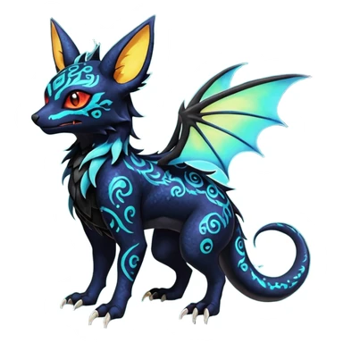 Shiny Fiery Dark Ugly Evil Realistic Glowing Eldritch Horror Cool Edgy Badass Emo Glorious Demonic Batty Dusky Ethereal Sparkly Shimmering Magical Punky Aural Iridescent Fluorescent Bioluminescent Litten-Amaura-Salandit-Noibat-Flareon-Fakémon-fusion (full body) with intricate pattern markings sticker