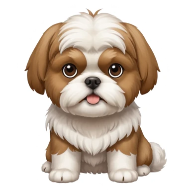 A standard shih tzu that is mostly white b ut ha b s a light brown dot on its second leg it has brown ears but has some black on the bottom of the ears sticker