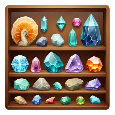 Icon for Mineral, Stone & Fossil Collecting: a display of various colorful minerals, gemstones, and fossils, arranged neatly on a table or shelf. The icon should reflect the beauty and scientific interest of collecting natural specimens. Transparent background. sticker