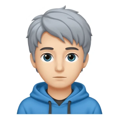 Crea un emoji a mezzo busto come ti ho già chiesto però di un ragazzo sulla 20ina ma che sembri più giovane, vestito con una felpa grigia. Occhi azzurri, capelli neri con il ciuffo davanti un po bagnato. sticker
