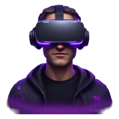 Russian man wearing a black hoodie with "OMG" letters on it and VR headset in a cyberpunk VR environment with violet neon lighting. sticker