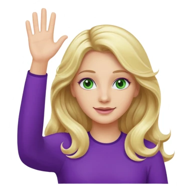 lady with long wavy blonde hair, purple top, green eyes, waving hello sticker