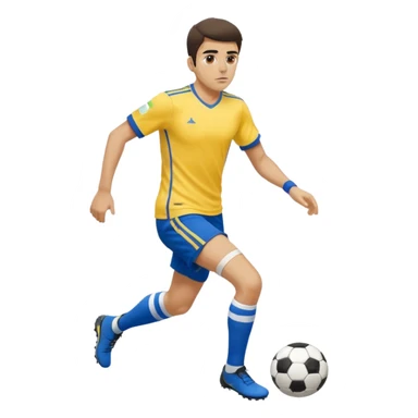Persian soccer player in full soccer team kit with a yellow top, blue shorts and white socks, no soccer ball sticker