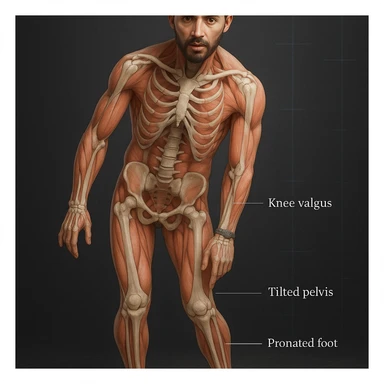 Hyperrealistic 4K anatomical view of a man in a similar position to the reference image. Knee valgus, tilted pelvis, pronated foot, bones and muscles in transparency, medical atmosphere. Variant 8 with slightly changed overall body rotation. sticker