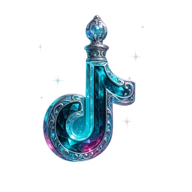 luxurious crystal elixir bottle in the shape of the TikTok logo, black and cyan with pink accents, ornate silver and iridescent details, very magical glowing and sparkling effects, very small neck, seamless bottom, transparent background, bottle clearly floating in air, no base or shadow, modern, collection style sticker