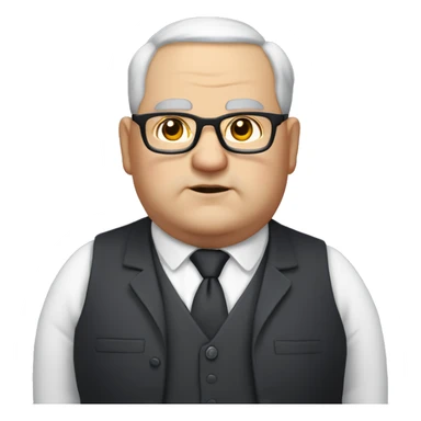 Chubby man of about 60 years of age with a bald shin. Small round glasses and dark eyes. Grey hair and a double chin. Chubby pointed nose. Wearing a black suit with waistcoat and tie. sticker