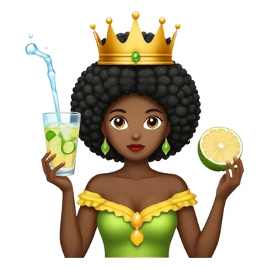 Quiero un emoji que represente que me estoy tomando mi vinagre de manzana con agua, hielo y limón. Soy una mujer negra de cabello afro, piel oscura y te fo una corona de reina en la cabeza sticker