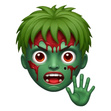 emoji de zumbi estilo WhatsApp, cabeça verde, cabelo cacheado vermelho volumoso, olhos brancos brilhando, expressão divertida e assustadora, cartoon, linhas limpas, fundo transparente, qualidade alta sticker